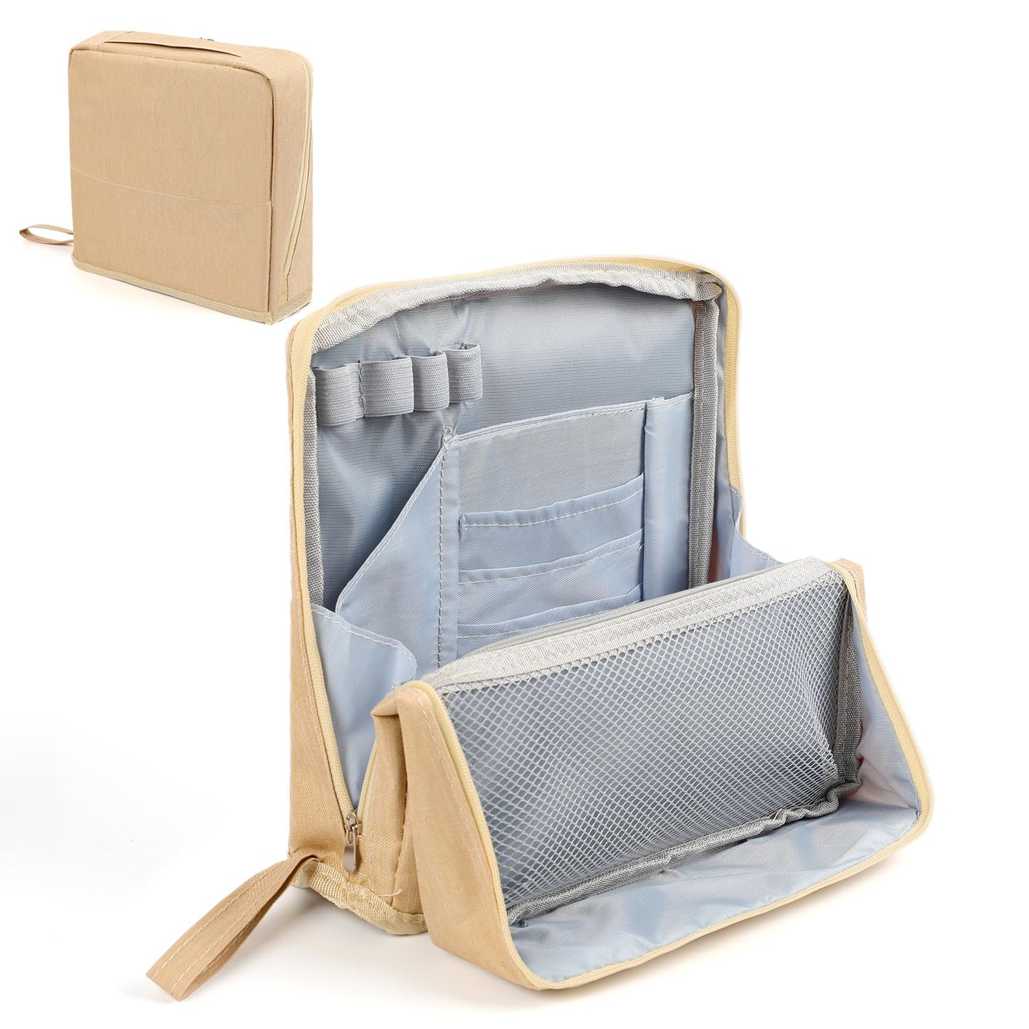 Doresty Makeup Bag,Portable Large Capacity Waterproof Standing Make up Bag,Multi-Purpose Large Capacity Oxford Cloth Standing Makeup Bag,Stationery Storage(Beige)