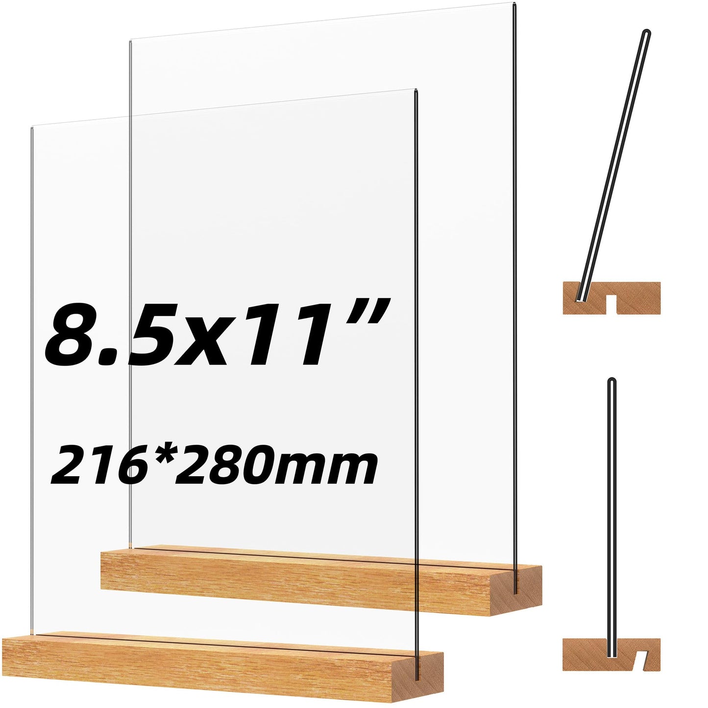 JDEA Acrylic Sign Holder with Wood Base 8.5x11 Inch Vertical and Slant Displays (2 Pack 8.5*11")