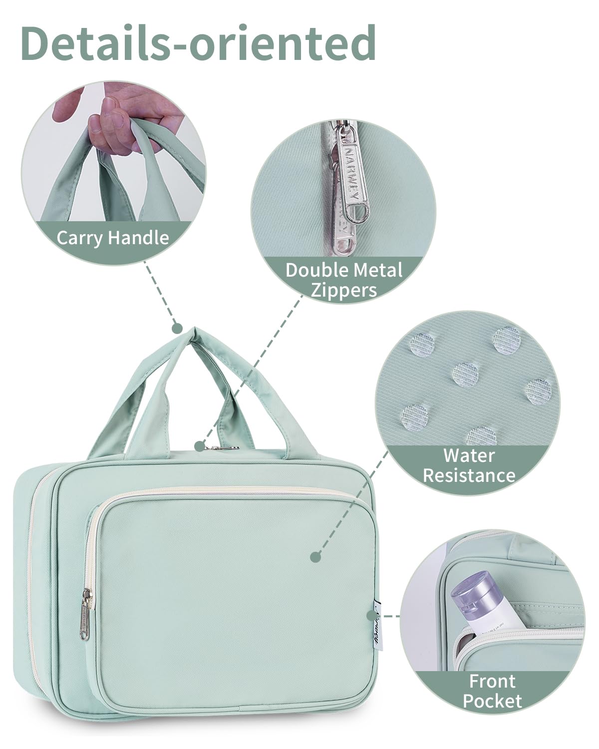 Narwey Travel Toiletry Bag for Women Large Hanging Makeup Bag Organizer Toiletries Bag for Full Size Essentials Accessories Cosmetics (Mint Green (Large))