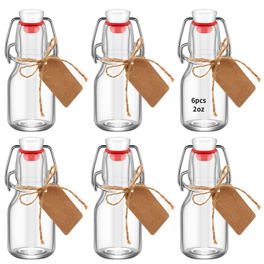 eispap 6Pcs Red Lid 2 oz Mini Swing Top Glass Bottles, 60ML Mini Storage Bottles, with Lids Kraft Decoration,Small Glass Bottles,for Wedding Themed Party Favors (6)