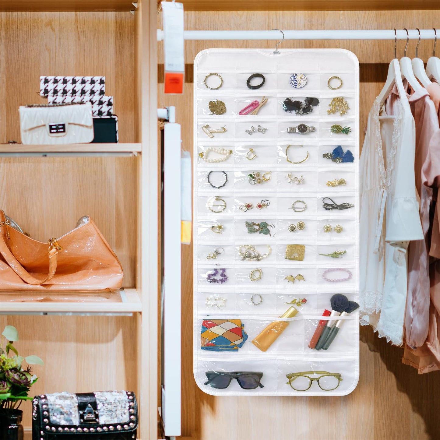 Bloss White Hanging Jewelry Organizer With 90 Pockets for Closet, Earring Holder Organizer Storage, Over The Door Jewelry Organizer, Double-Sided Jewelry Holder for Earrings,Necklaces,Rings