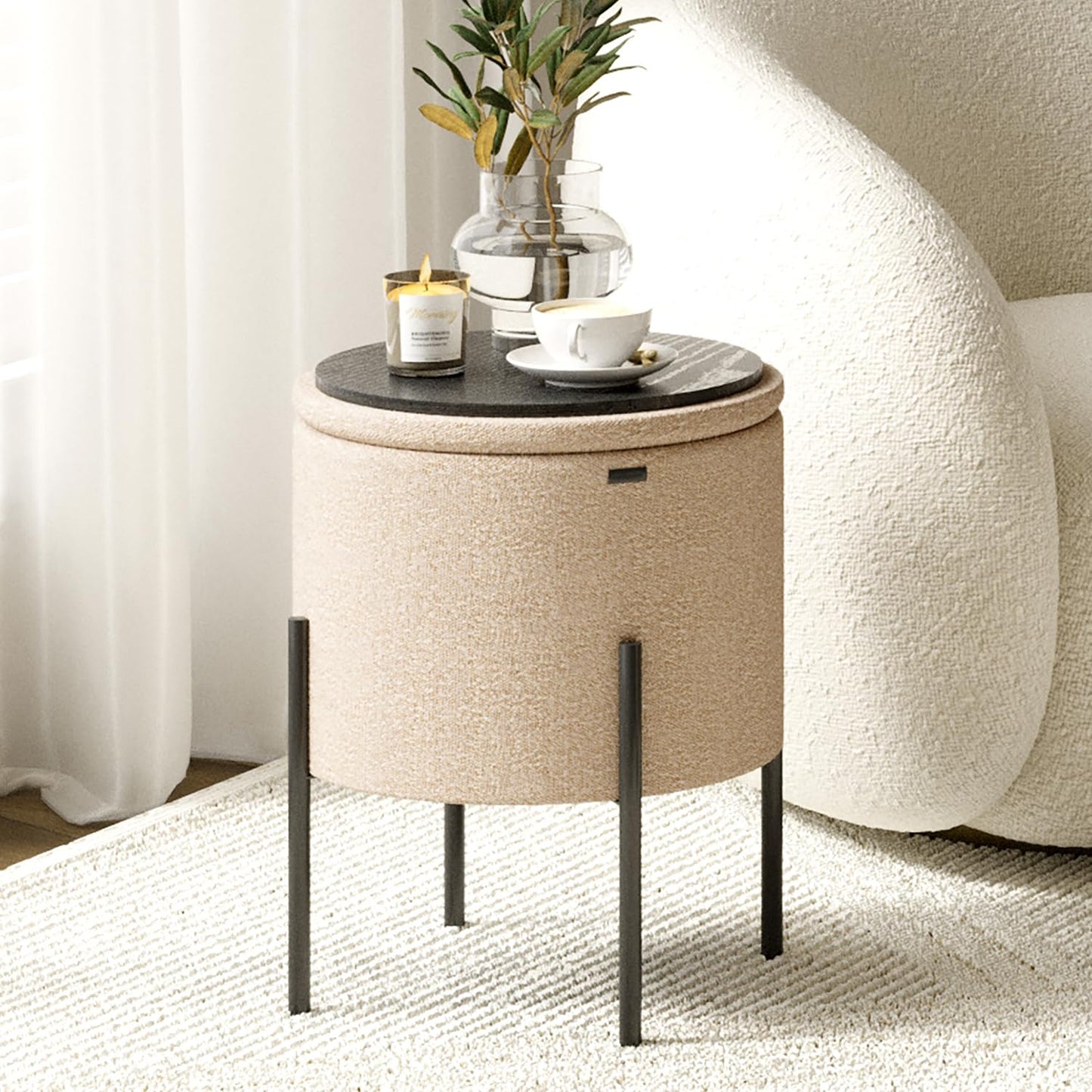 STORAGEBUD Round Ottoman with Storage, Boucle Storage Foot Stool, Makeup Vanity Stool, Small Ottoman Foot Rest, Modern Ottomans for Living Room and Bedroom, Beige