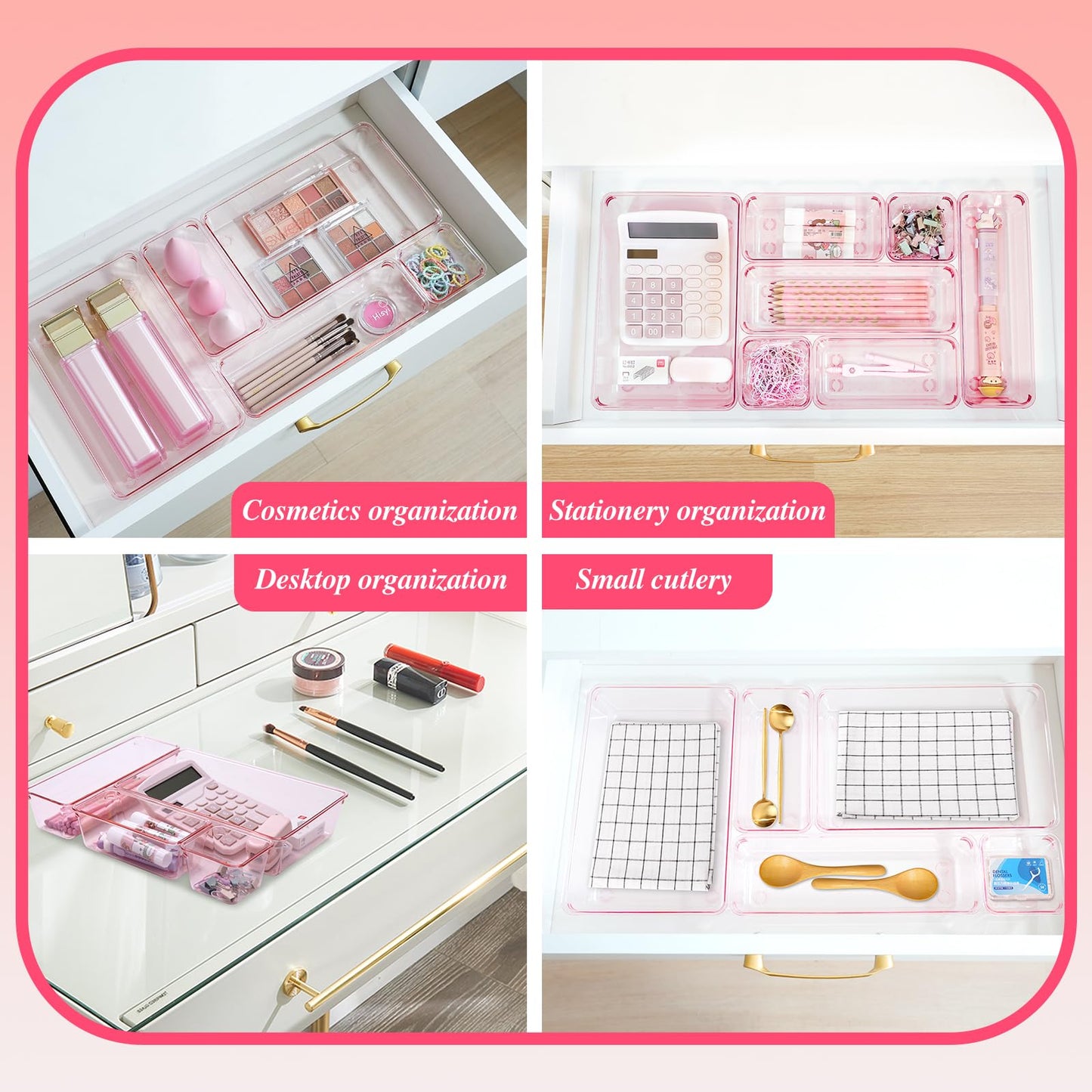 Trotianingyu Kitchen Desk Drawer Organizers Storage for Office, Small Acrylic Vanity Trays Makeup Organizer for Drawer Bathroom Plastic Make up Organizers 25 Pcs Pink