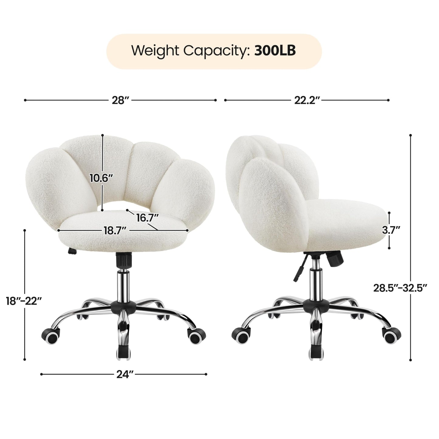 Yaheetech Boucle Upholstered Desk Chair Cloud-Shaped Vanity Chair Adjustable Home Office Computer with Rolling Wheels for Living Room, Bedroom White