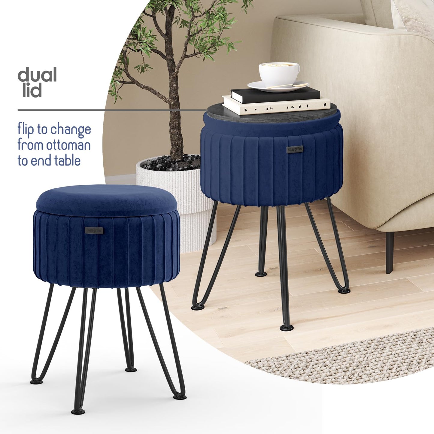 STORAGEBUD Round Ottoman with Storage, Pleated Velvet Storage Ottoman, Foot Stool Ottomans, Makeup Vanity Stool, Small Ottomans Foot Rest, Modern Vanity Stools for Living Room and Bedroom, Blue