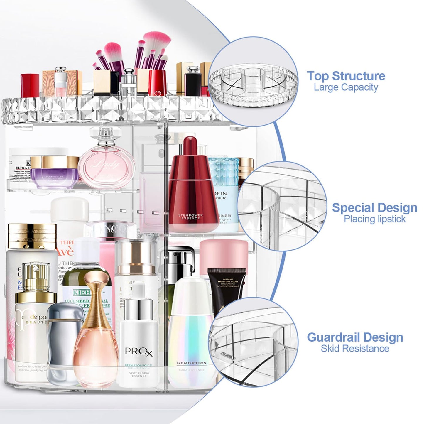 MISERWE 360 Degree Rotating Makeup Organizer, DIY Adjustable Makeup Carousel Spinning Holder Rack, Large Capacity Cosmetic Brush Lipstick Storage Organizer Box for Vanity