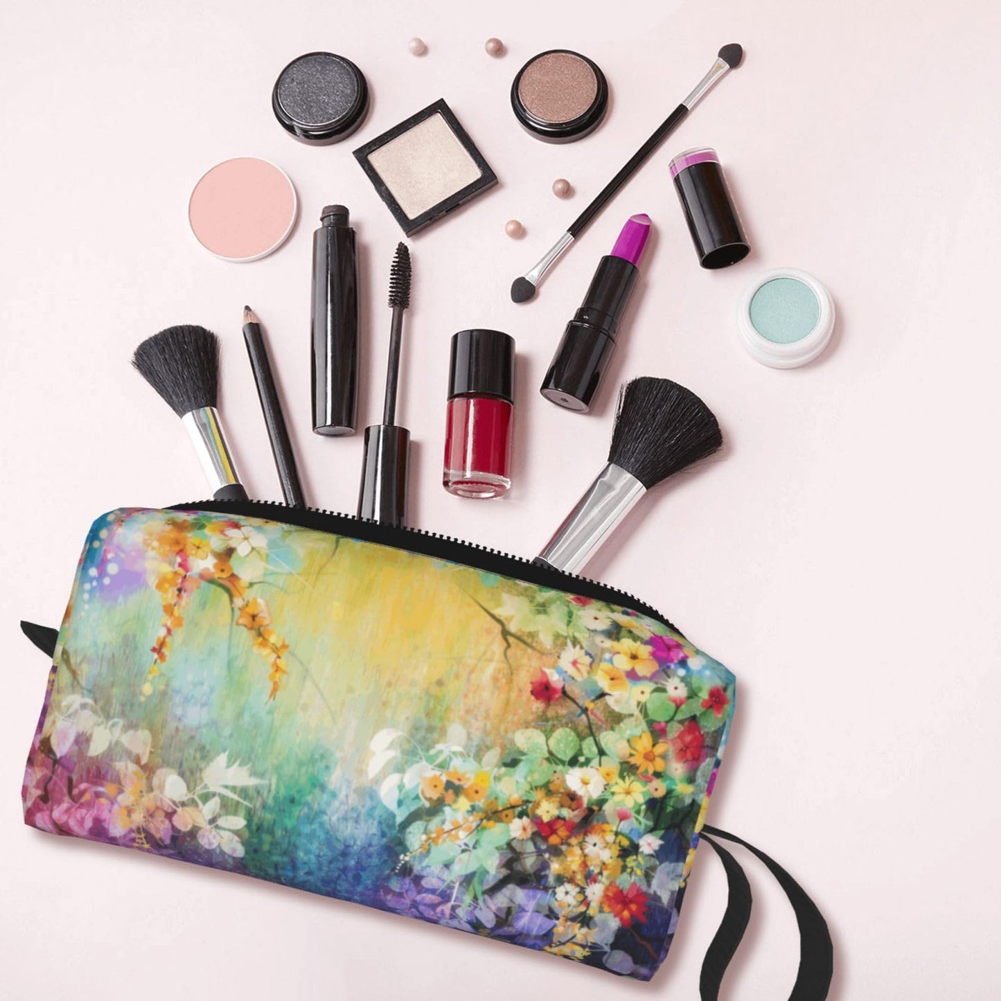 OLUSENMO Watercolor Rainbow Flower Makeup Bag - Durable 600D Oxford Fabric, Impact-Resistant & Compact, Travel Cosmetic & Makeup Organizer for Gym & Daily Use