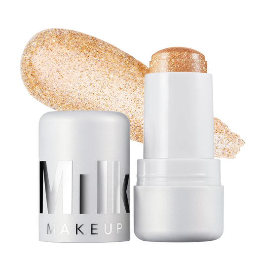 Milk Makeup Cooling Water Jelly Shimmer – Buildable Face + Body Highlighter Stick for Sheer Shimmery Glow – Long-Lasting, Hydrating, Glitter Free Formula – Bubbly (Gold + Silver), 0.17oz
