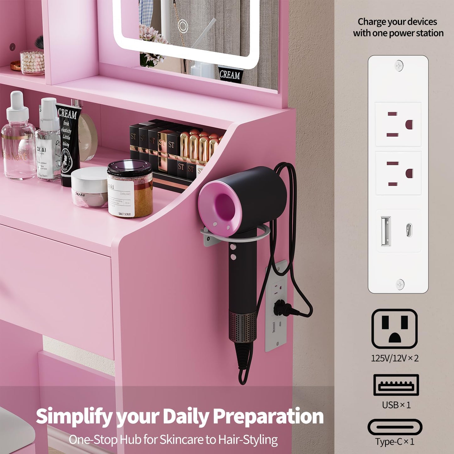 DUMOS Small Makeup Vanity Desk with LED Mirror and Storage Bench, Pink