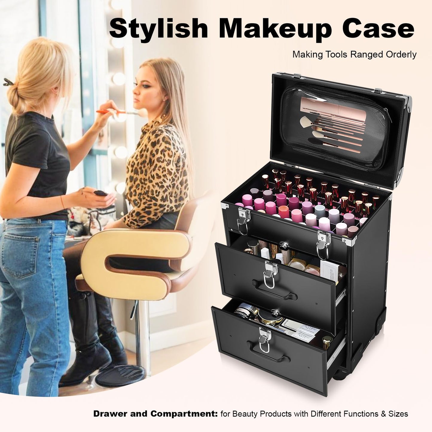 Rolling Makeup Train Case, 3 Tier Aluminum Portable Makeup Organizer Suitcase Cosmetic Storage Box with Lock and Key Travel Beauty Luggage Trolley for Travel Makeup/Nail Art/Hair Styling (Black)