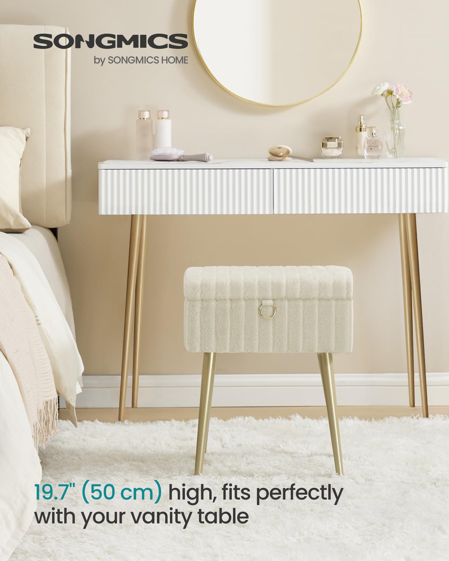 SONGMICS Vanity Stool Chair Faux Fur with Storage, Vanity Bench, Metal Legs, Adjustable Feet, for Living Room, Bedroom, Makeup Room, Cappuccino Beige ULOM505LZ02