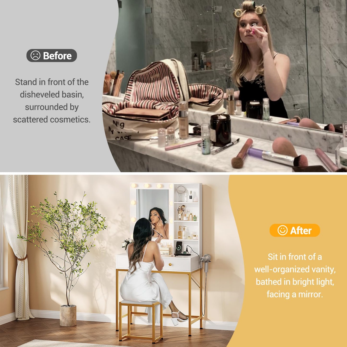 Garvee White Makeup Vanity Desk Set with Mirror, 3 Adjustable Lighting Modes, 2 Drawers, Built-in Charging Station & Stool for Bedroom & Dressing Room