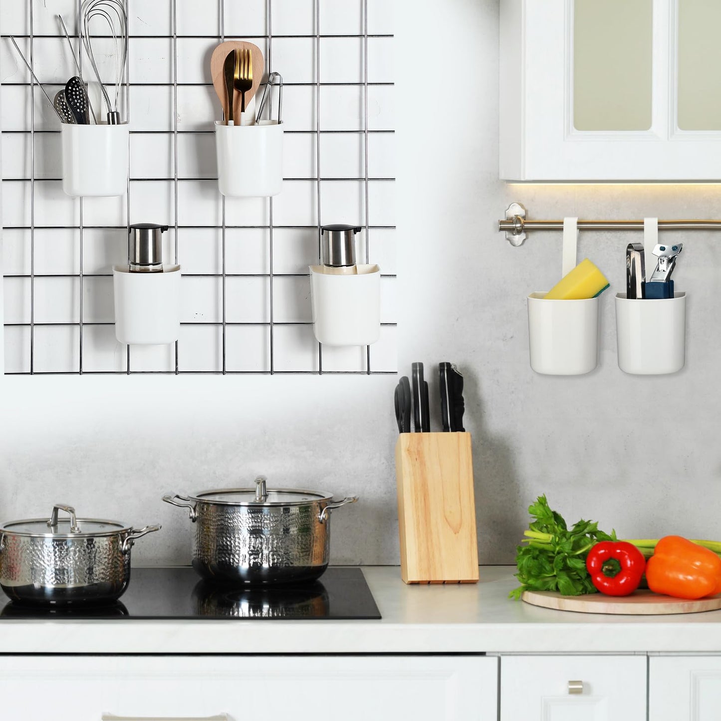 Threehoney 6 Pcs Grid Wall Baskets for Storage Grid Panel Accessories Hanging Bins Gridwall Cups for Kitchen and Bathroom, Hanging Baskets for Organizing, White