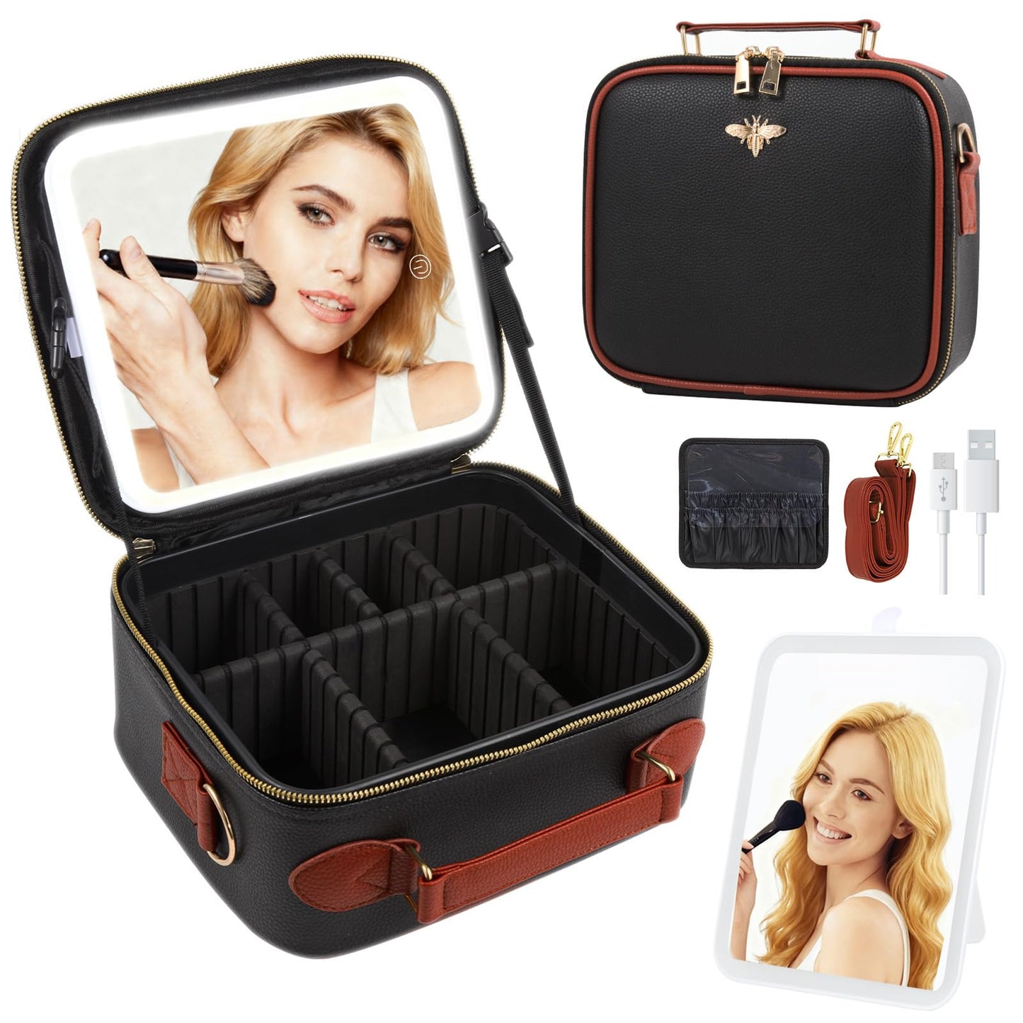 GIUWESOY Travel Makeup Bag with Light Up Mirror, Portable Makeup Bag with Led Light Women Waterproof Makeup Travel Case adjustable dividers Rechargeable Vanity Mirror with 3 Color Lights (Black)