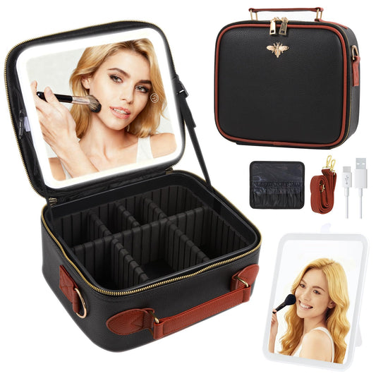 GIUWESOY Travel Makeup Bag with Light Up Mirror, Portable Makeup Bag with Led Light Women Waterproof Makeup Travel Case adjustable dividers Rechargeable Vanity Mirror with 3 Color Lights (Black)