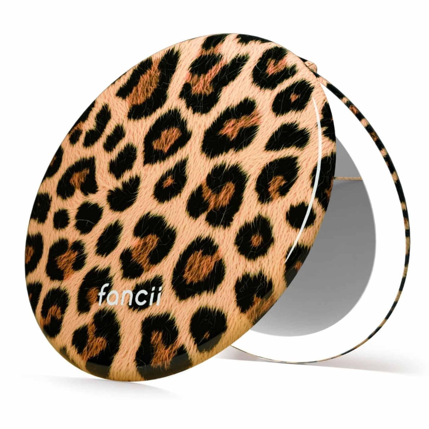 Fancii Taylor LED Lighted Travel Makeup Mirror, Rechargeable, 10x /1x Magnifying, Tru-Glow Lighting System, XL Large 5” Wide | Compact Mirror for Purses (Cheetah Chic)