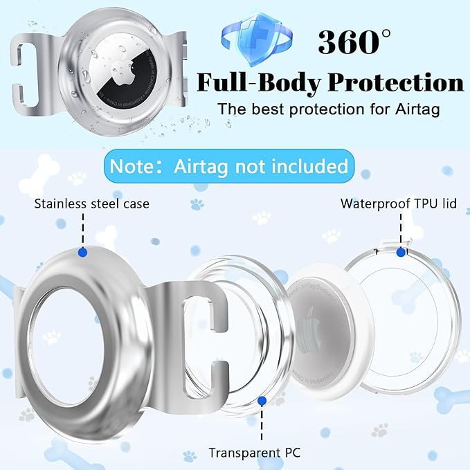 SANKALA Airtag Dog Collar Holder, Chew-Proof Stainless Steel & Waterproof Airtag Holder, Slide-On Opening Design, Fits Snap Closure Collars, Full Coverage Protective Case (Silver, Medium, 1 Pack)
