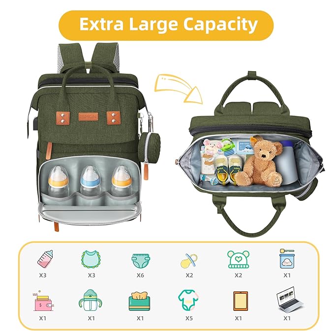 Diaper Bag Backpack with Changing Station, Large Diaper Bag, Baby Bag, Multifunctional Diaper Bag, ARMYGREEN