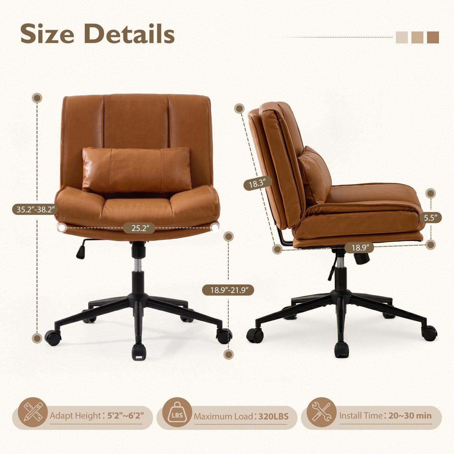 BIAOZHIKE Armless Criss Cross Office Chair with Wheels,PU Leather Brown