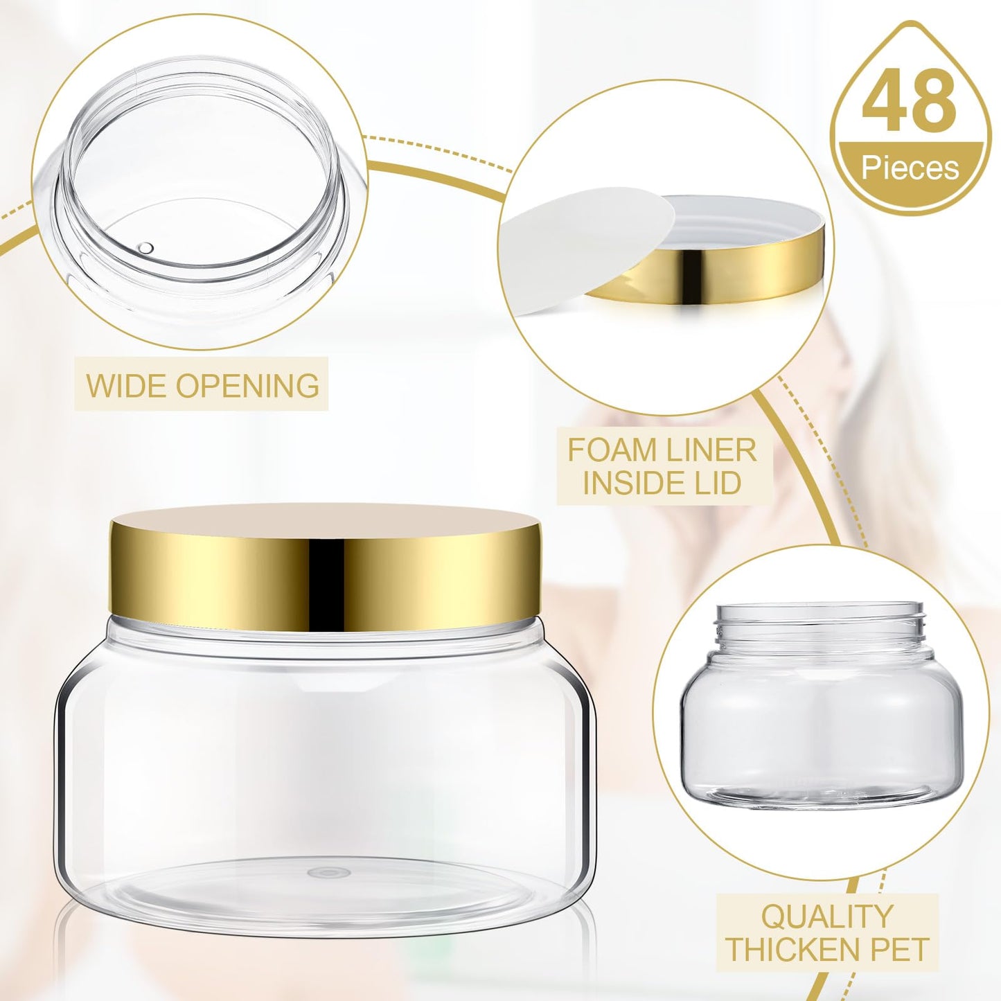 Mumufy 48pcs Plastic Jars with Lids Round Empty Containers Travel Containers for Creams Refillable Cosmetic Jars for Lotions Body Scrub Body Butter (8 oz,Gold,Clear)