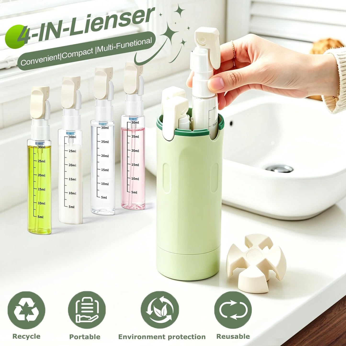 CLRDZN 4 in 1 Travel Dispenser Bottle, 4 Pack 30ML Travel Bottles for Toiletries, 4 in 1 Travel Dispenser with Label, Leakproof & TSA Approved Portable Containers for Shampoo Lotion Conditioner Cream