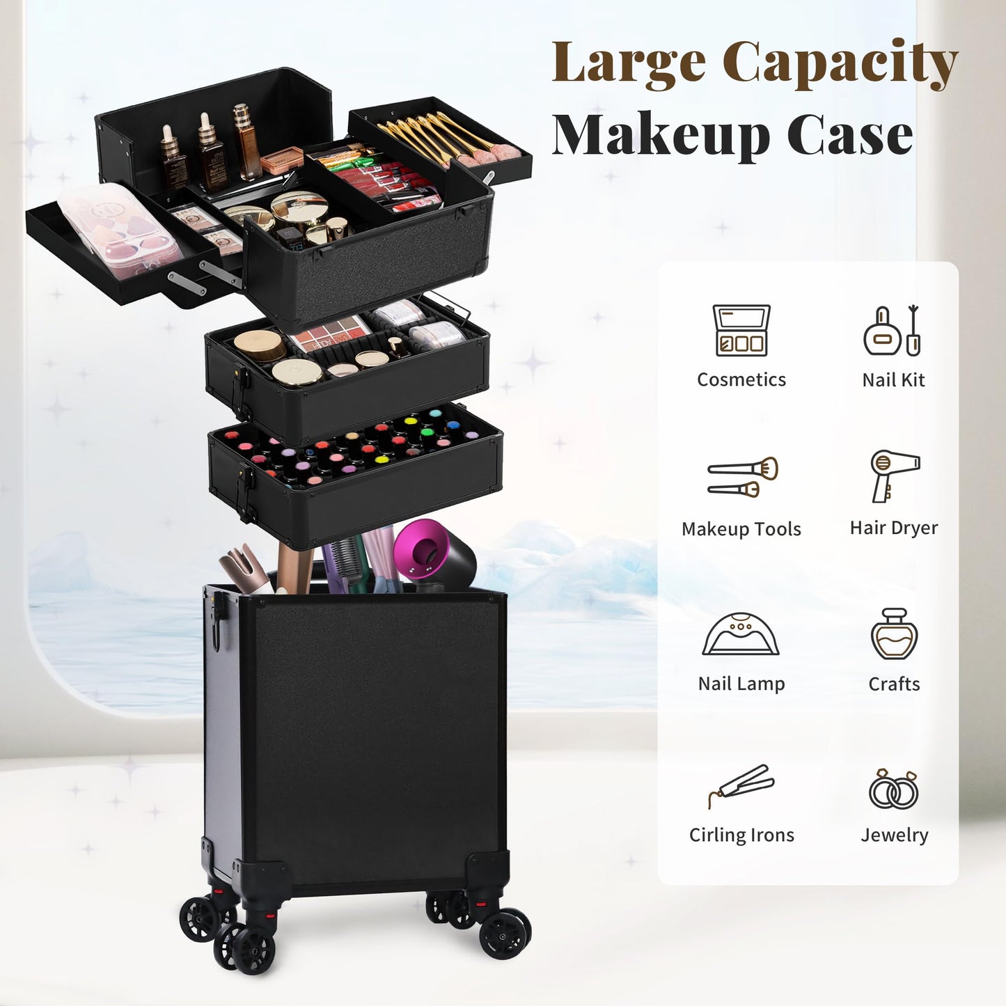 JINGUAN Profesional Rolling Makeup Train Case with Lid, 5 in 1 Cosmetology Case on Wheels, Large Cosmetic Trolley Organizer Travel for Hairstylist Artist Nail Beauty Salon Barber, Black
