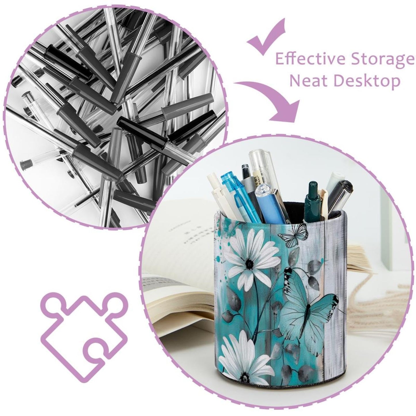 KikandKo Pencil Holder for Desk, Daisy Butterfly on Rustic Teal Plank Pen Cup Makeup Brush Holder, Leather Desktop Organizer Storage Case Stationery for School Home Office Supplies
