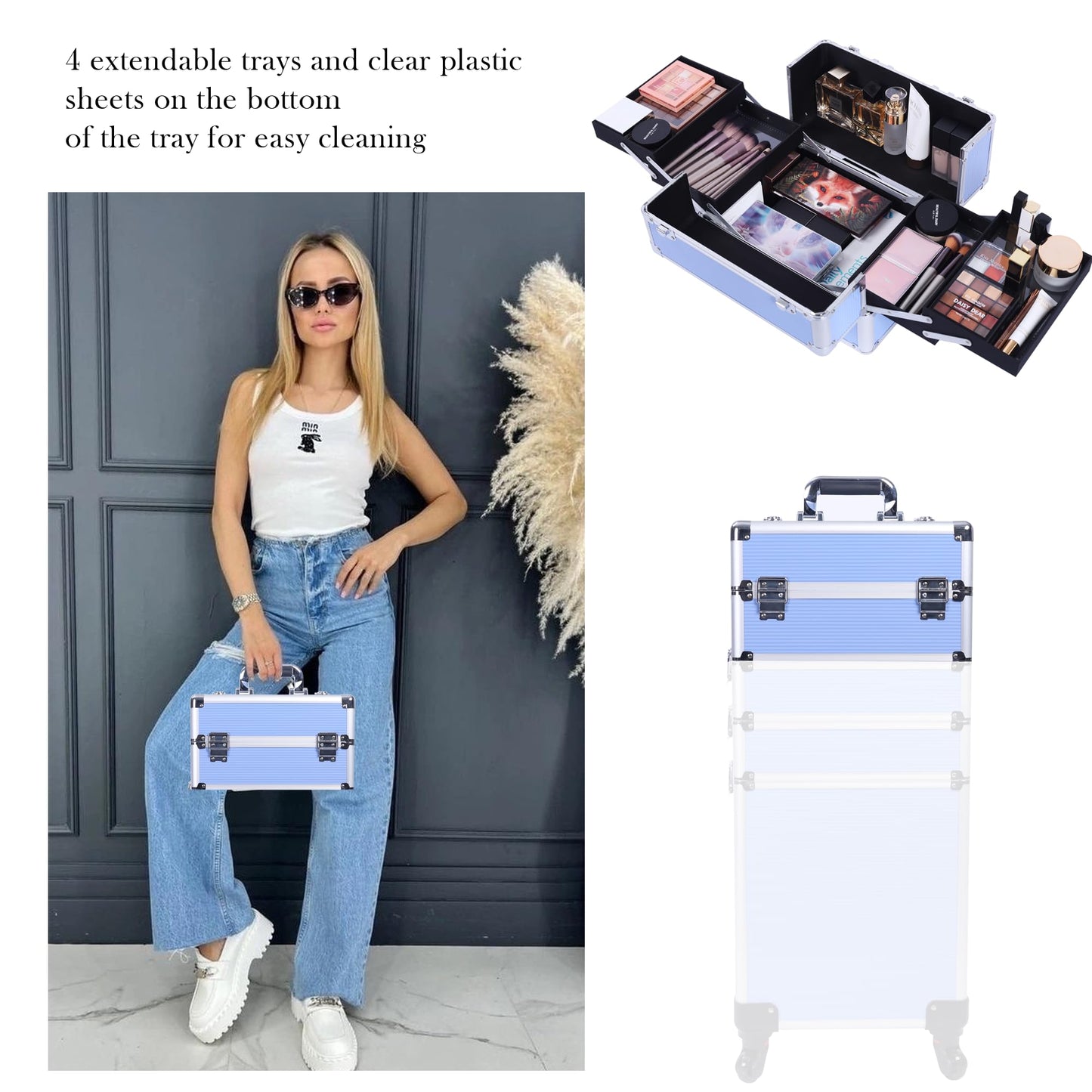 5-in-1 Rolling Makeup Train Case, Large Professional Cosmetic Trolley Organizer on Wheels with 360° Swivel Wheels, Lockable Black Aluminum Travel Case for Makeup Artists, Nail Techs & Hairstylists