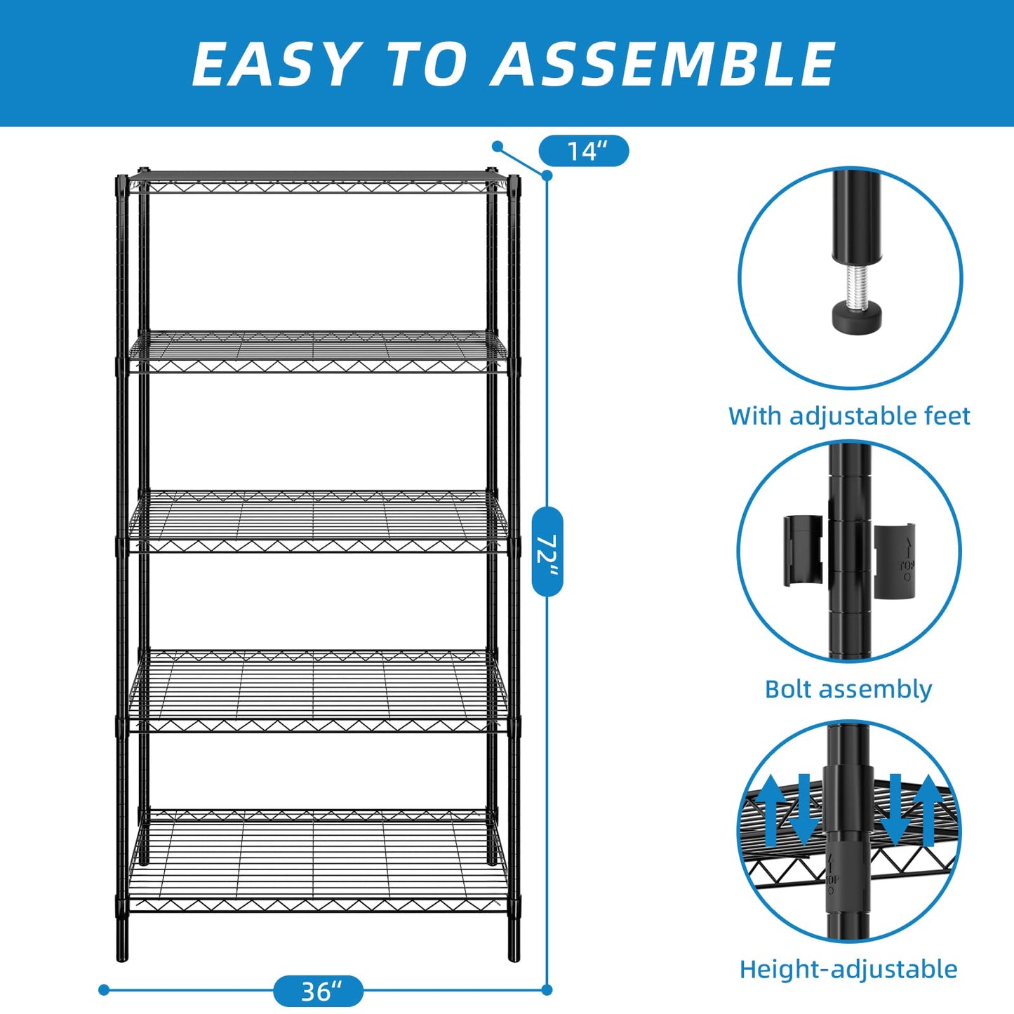 Guan River 5-Shelf Adjustable Metal Shelf Wire Shelving Unit Storage Rack Display Shelf for Office,Kitchen,Bedroom,Bathroom,Laundry,Pantry Basement,Garage(Black,36" L x 14" W x 72" H)