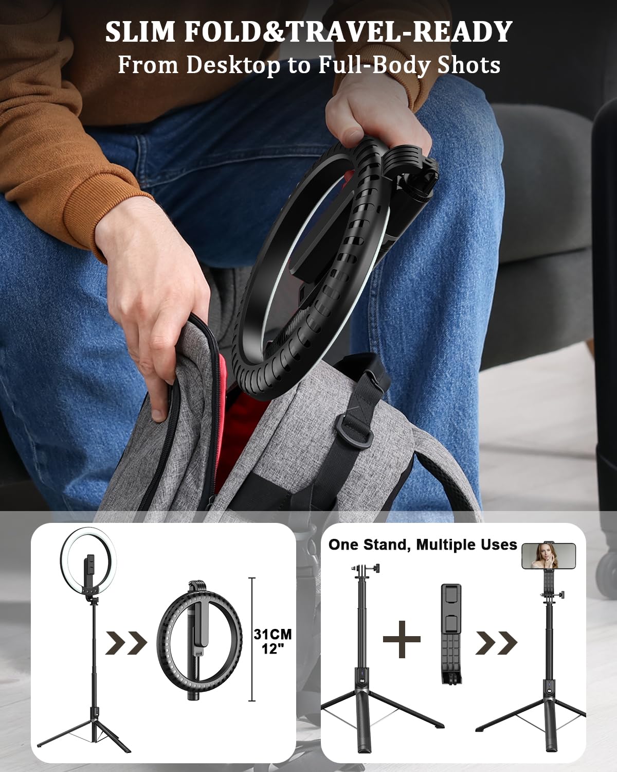 Vlogging Kit for iPhone/Android, 10” Ring Light with Stand, 74” Tripod for iPhone with Light, Microphone, YouTube Starter Kit for TikTok Content Creator