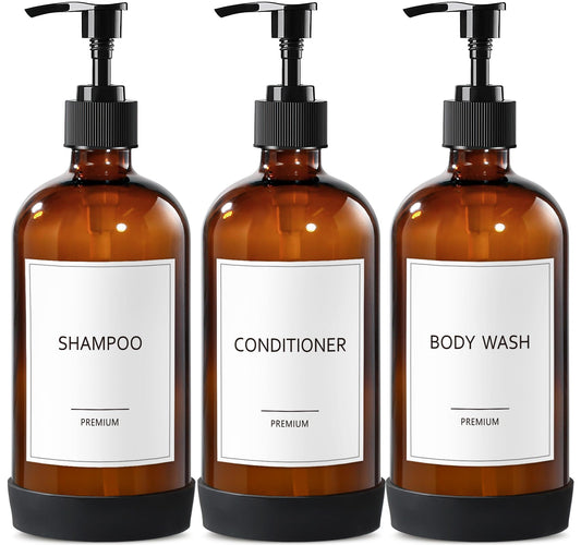 GMISUN Glass Shampoo and Conditioner Dispenser with Silicone Boot, Shower Soap Dispenser Bottles with Labels, Refillable Shampoo Conditioner Body Wash Dispensers