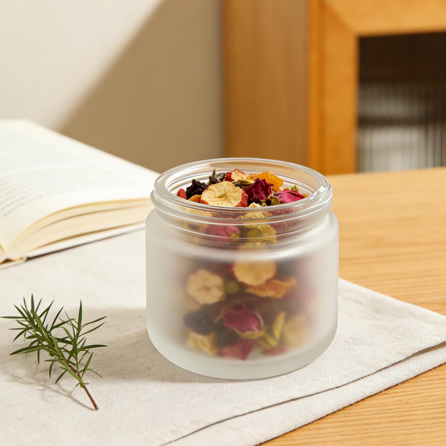 6 Pack Glass Cosmetic Jars, Frosted Glass Cosmetic Jars with Woodgrain Lids - 1oz, 2oz, 4oz Refillable Cream Containers, Leakproof Travel Jars for Skincare, Makeup, Lotion