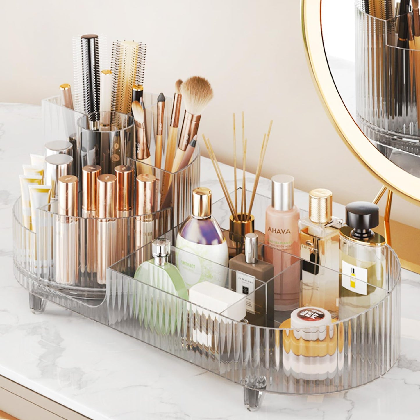 Rotating Makeup Organizer for Vanity with Brush Holder, Cosmetic Makeup Storage Organizer, Large Spinning Makeup Skincare Organizer, Countertop Makeup Perfume, Lotions Display Case (Transparent)