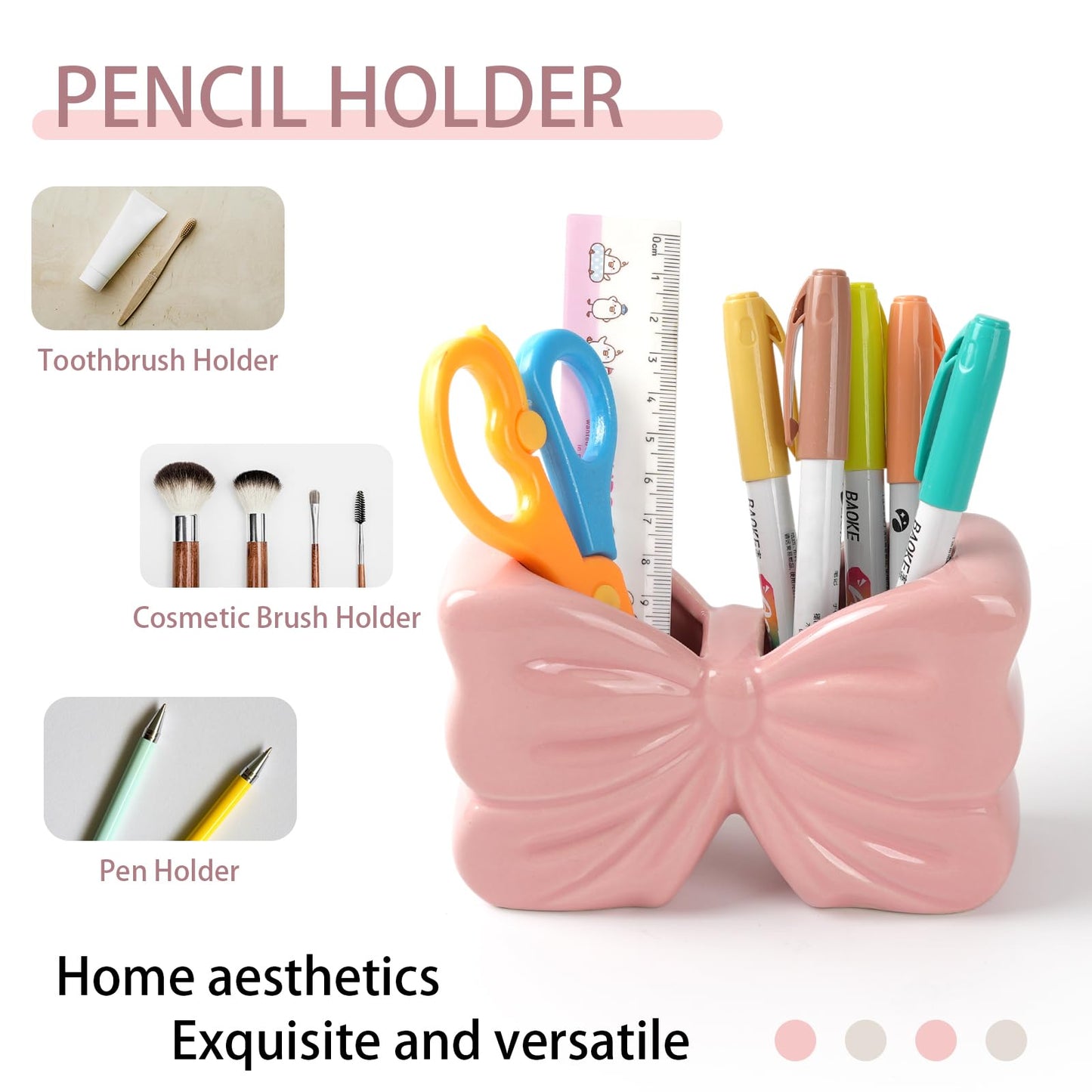 Zaposcca Bow Pencil Holder, Ceramic Pen Holder, Cute Pen Holder for Desk,Stand Makeup Brush Holder, for School, Home, Office Desk Decor(Pink)