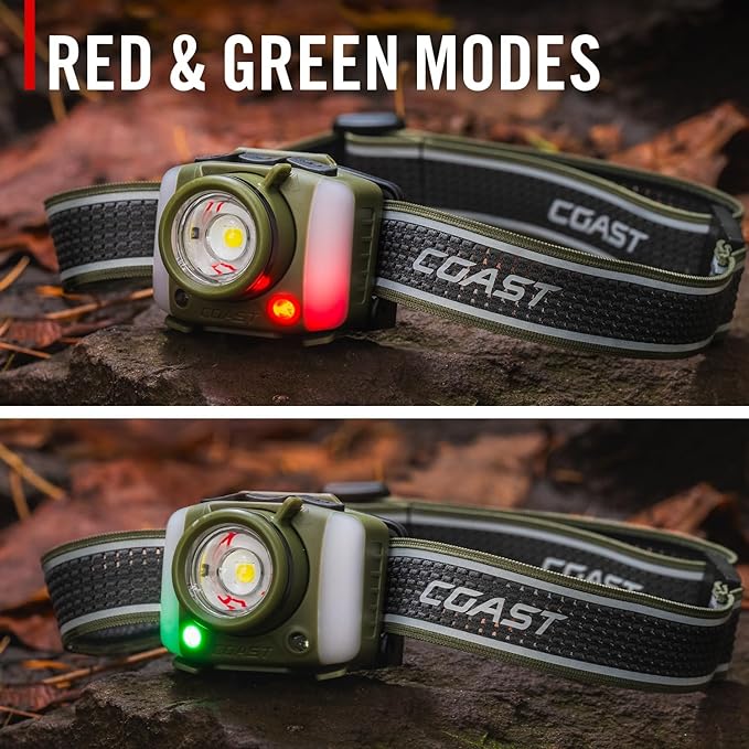 Coast FL97R Voice-Controlled 1200 Lumen Rechargeable LED Headlamp with Pure Beam® Spot & Flood, ARC Lighting, Red & Green Color Modes, Glide Focus™ Radial Arm Dial and USB-C Charge Port, Grey