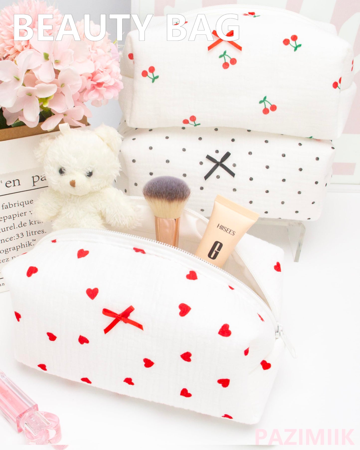 PAZIMIIK 6PCS Cozy Makeup Bag Small Aesthetic Travel Zipper Cosmetic Pouch for Women Make Up Beauty Accessories Brushes,Heart Red