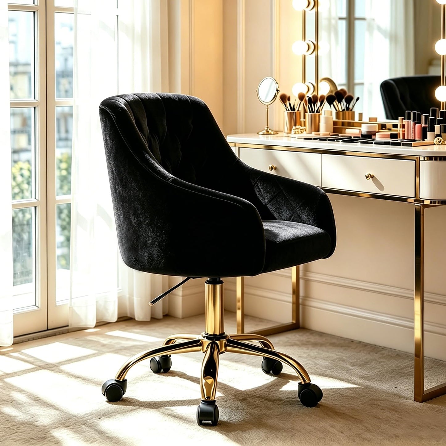MOJAY Velvet Office Swivel Chair, Vanity Fabric Desk Pretty Fancy Gold Office Chairs for Girls, 360°Swivel Height Adjustable Reception Chair (Black)