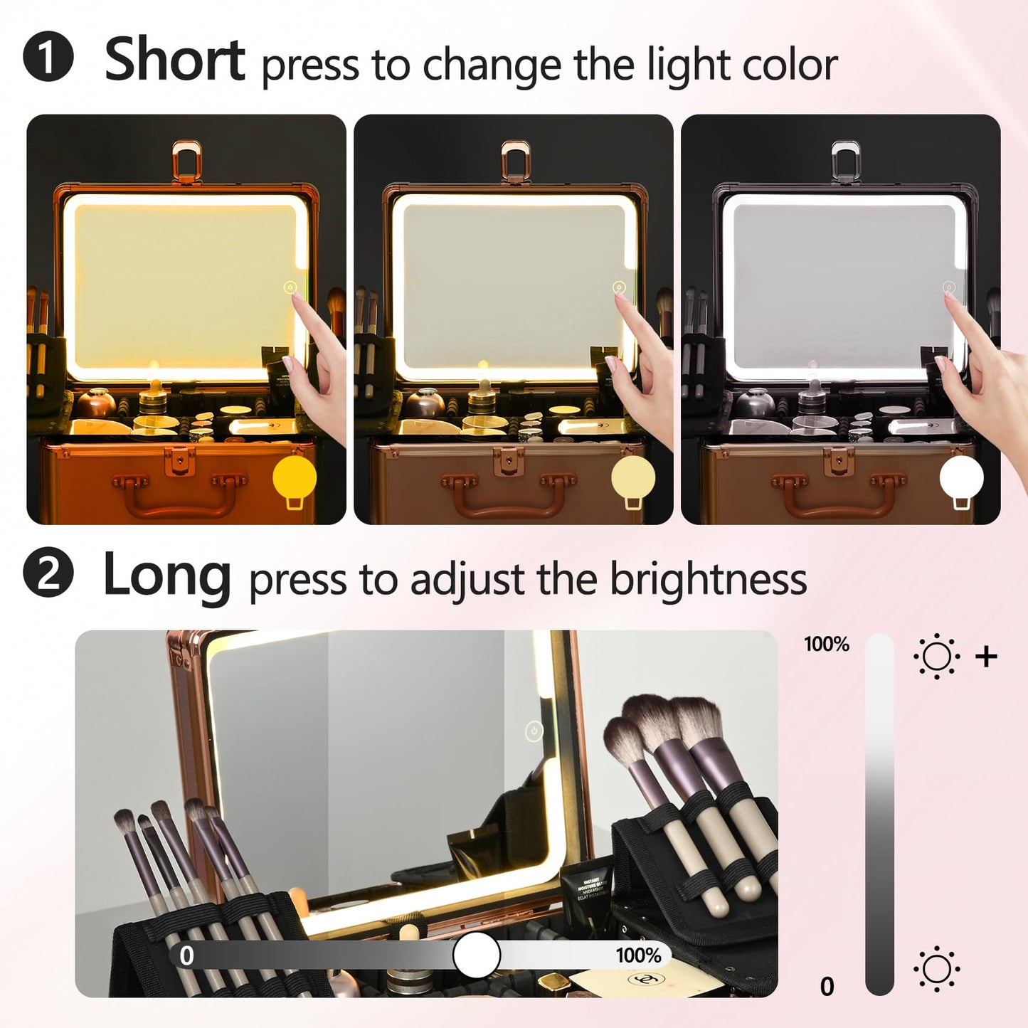 GALHUBIS Rose Gold Makeup Case with Lighted Mirror, Detachable LED Mirror, Travel Makeup Train Case, Waterproof Cosmetic Organizer, Standing Makeup Brush Holder, Gift