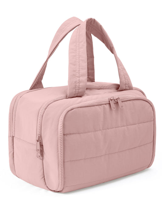 XKIILH Travel Toiletry Bag for Women, Large Lightweight Puffy Makeup Bag, Wide-open Wet-Dry Separation Organizer with Multi-Pocket & Carry Handle for Toiletries, Cosmetics, Essentials, Dark Pink