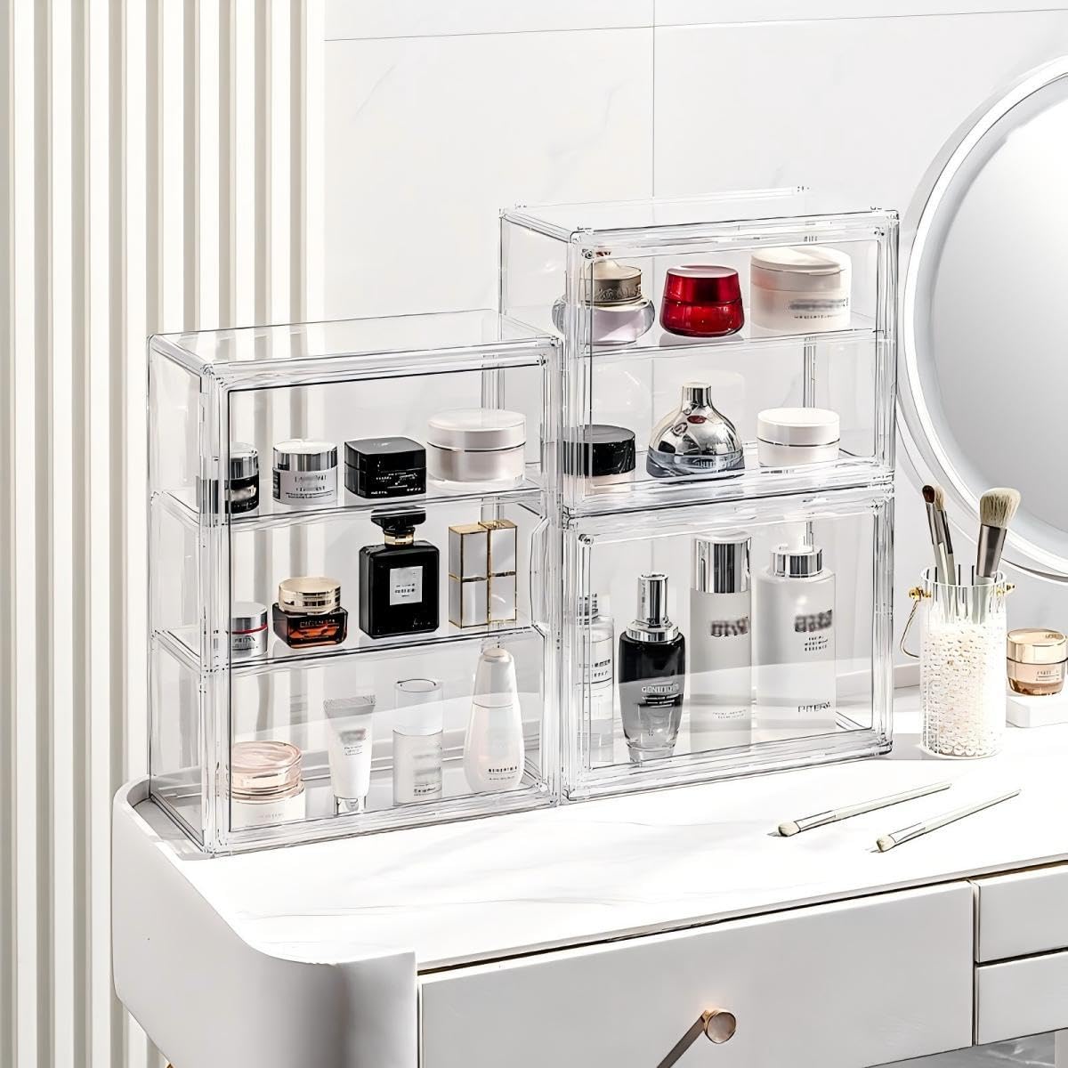 Single-Shelf Transparent Acrylic Display Case with Magnetic Door - Compact Stackable Makeup Organizer (10.6"x8.7"x5.1") - Dustproof Box for Cosmetics, Jewelry, Skincare & Collectibles