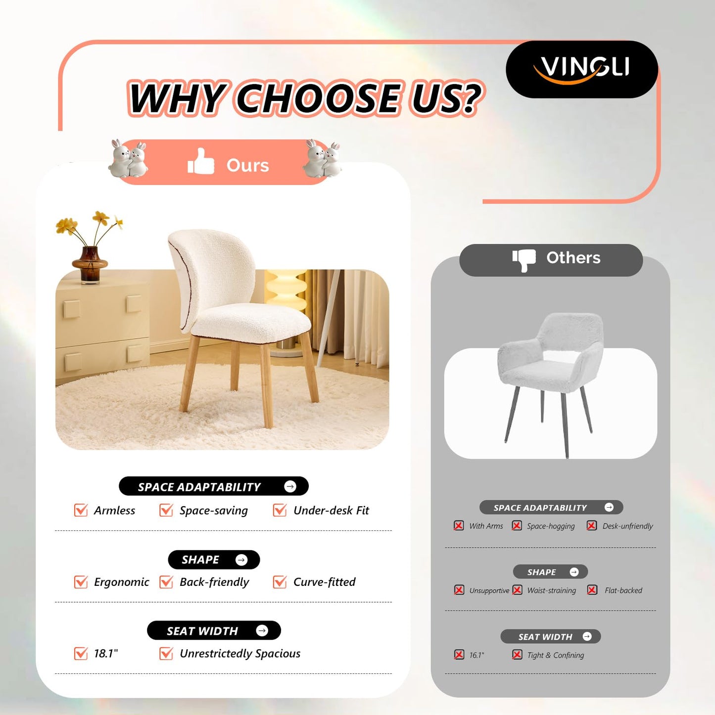 VINGLI Chenille Curved-Back Armless No Wheels Vanity Chair for Girls, Cute & Furry Upholstered Desk Chair with Solid Wood Legs for Study/Makeup/Bedroom/Dressing, Fluffy Makeup Chair for Teens, White