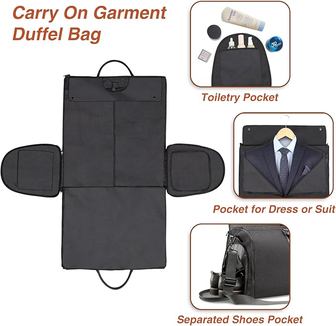 Garment Bag for Travel, Carry On Garment bag, Convertible Duffel Bag with Shoe Compartment, Perfect for Business Trips and Weekend Getaways, Black