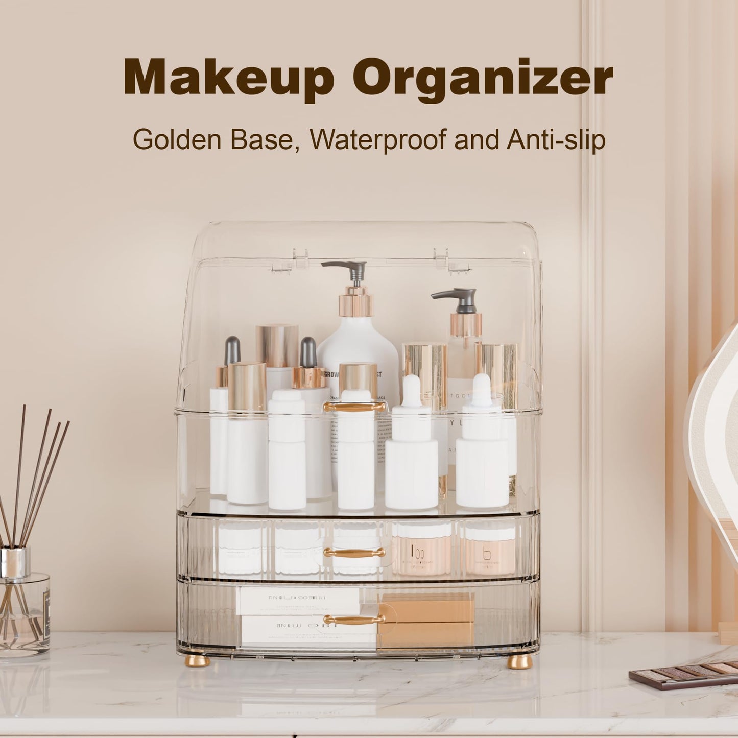 Plukers Makeup Organizer Countertop Vanity with Transparent Lid Drawers Waterproof Dustproof Cosmetic Skincare Bathroom Storage Gift for Women Teens Girls (Clear Whtie)