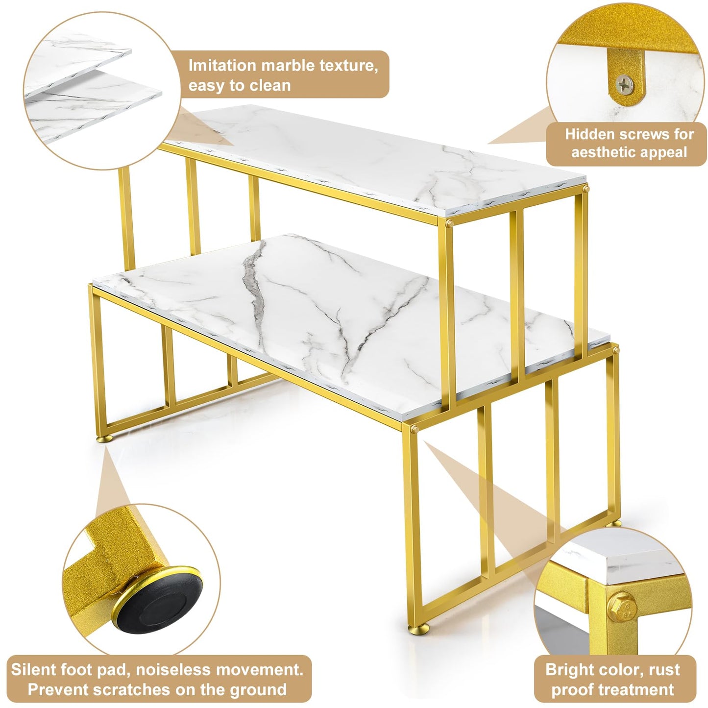CIVANA 2 Tier Retail Display Table for Shoes & Handbags, Gold Metal and Wood Boutique Display Stand, Heavy Duty Display Riser Shelf for Clothing Stores, Vendor Events, Showroom & Home, 45.2"