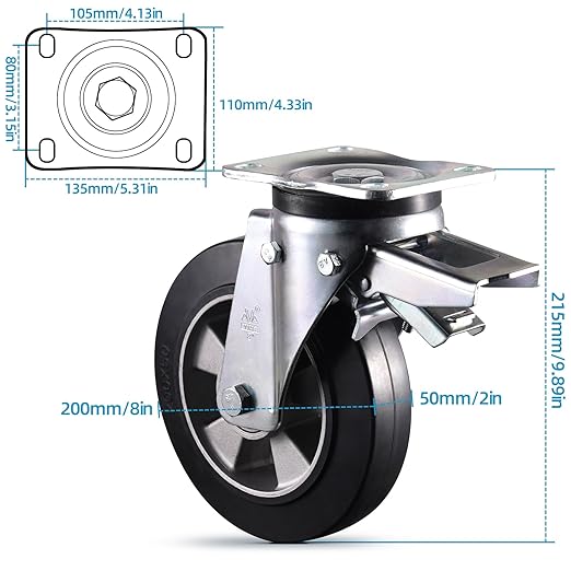8 inch Casters Set of 4 Super Heavy Duty Plate Casters Swivel Industrial Aluminum Core Elastic Rubber Wheels for Cart Furniture and Workbench Locking Outdoor Dolly Castors Replacement Load 4400Lbs