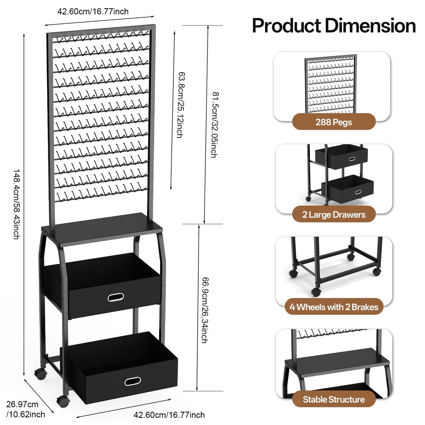 Portable Braiding Hair Rack with Wheels & Storage Drawers,2-Sided 288 Pegs,Hair Extension Holder Hanger for Braiding Hair Separator Stand Display,Hair Rack with Stylist Hair braiding Tools (Black)