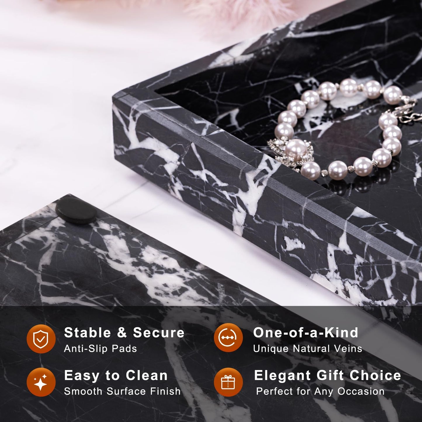 Homaura Marble Bathroom Tray for Countertop & Home Decor, Natural Decorative Marble Tray for Jewelry & Perfume Organizer, Luxury Stone Vanity Trays for Dresser, Kitchen Counter, 12" x 8", Black