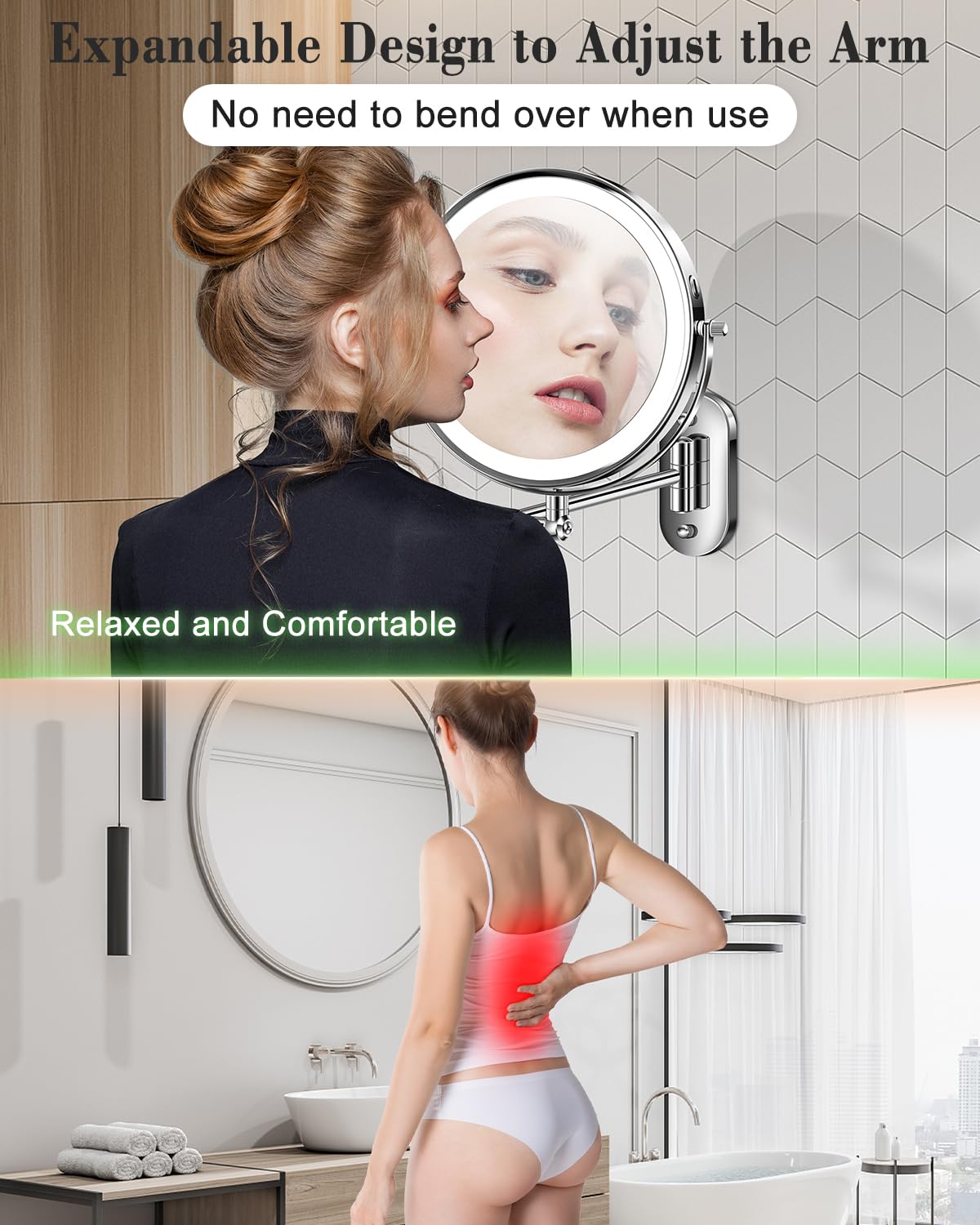 9'' 30X/1X Wall Mounted Lighted Makeup Mirror, Height Adjustable Double Sided 5000mAh Rechargeable Magnifying Bathroom Mirror with Light, 3 Color Modes Touch Dimmable Extended Arm 360 Rotation