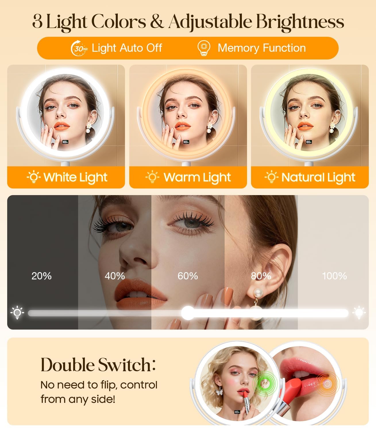 Gospire No Drilling Wall Mounted Lighted Makeup Mirror with Magnification 10X, 7 Inch Rechargeable Magnifying Vanity Mirror with Hooks, LED Display & 3 Light Modes for Bathroom