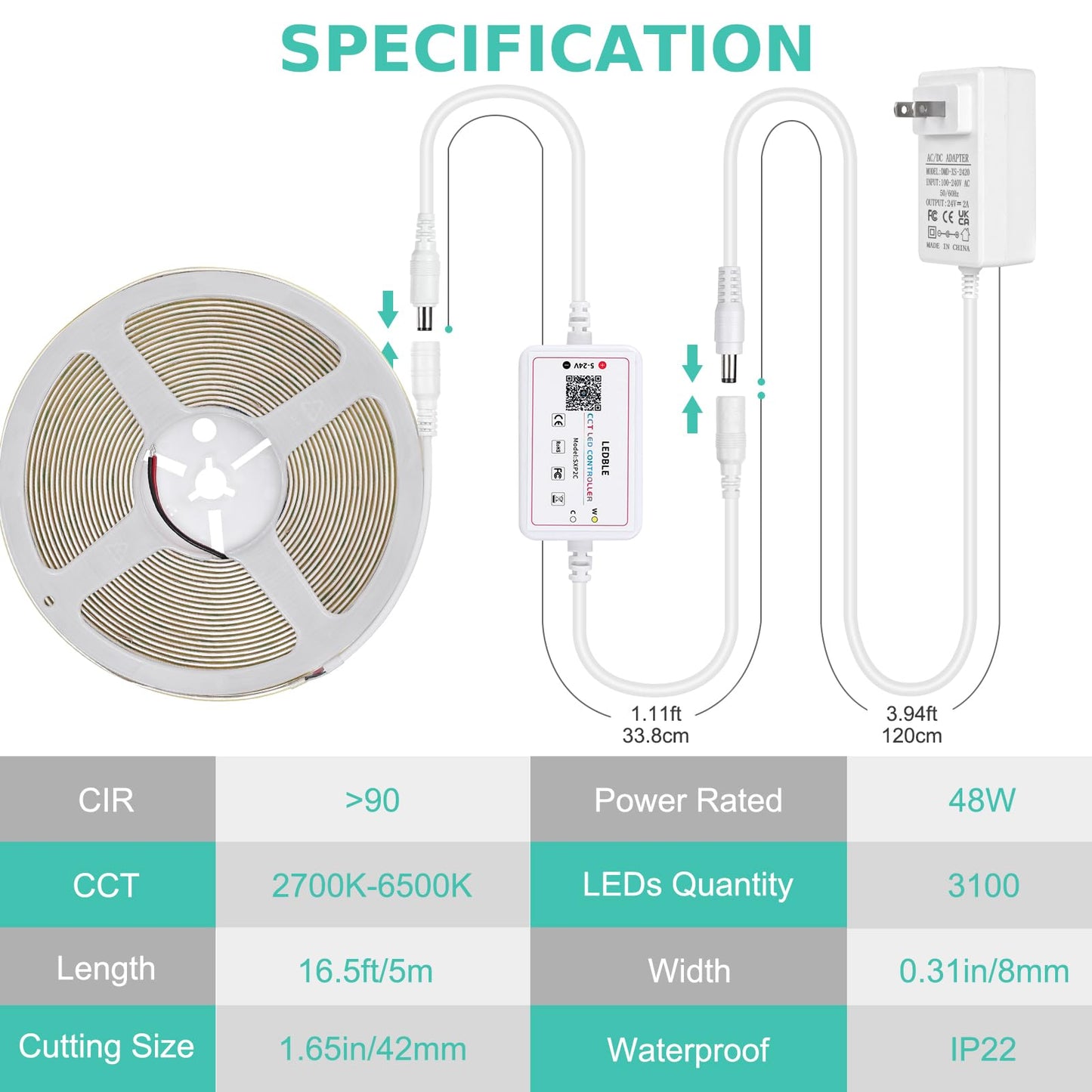 Wefomey COB LED Strip Light White, 16.5ft Dimmable 2700K-6500K High Density 3100LEDs 24V Flexible LED Tape Light with Remote and APP Control, for Under Cabinet Bedroom Kitchen DIY Lighting